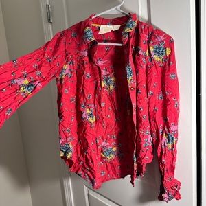 Maeve Anthropologie Red Floral Button Up Blouse Size 0 XS